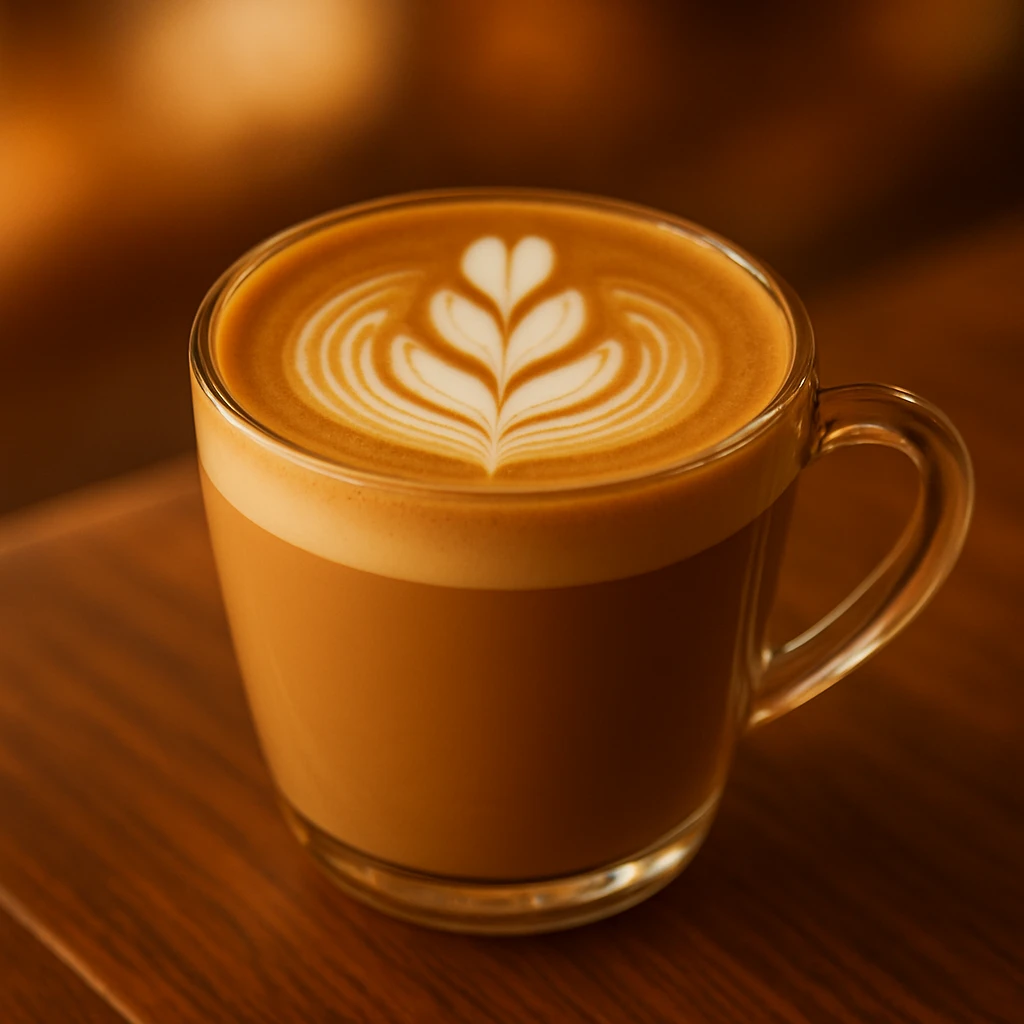 Add a tulip foam art style to the coffee latte in the glass mug, keep the warm and inviting atmosphere. Maintain the cozy and warm look of the original image. emoji
