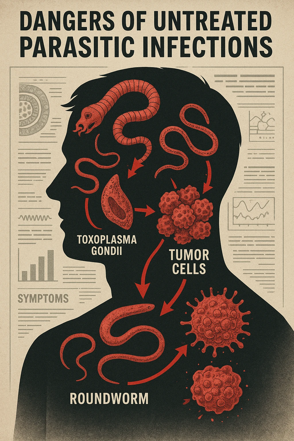 a man’s silhouette is filled with stylized images of parasites and tumor cells, connected by red lines or arrows to show cause and effect. The background features a medical chart or infographic about the dangers of untreated parasitic infections. The overall tone is serious and educational. emoji