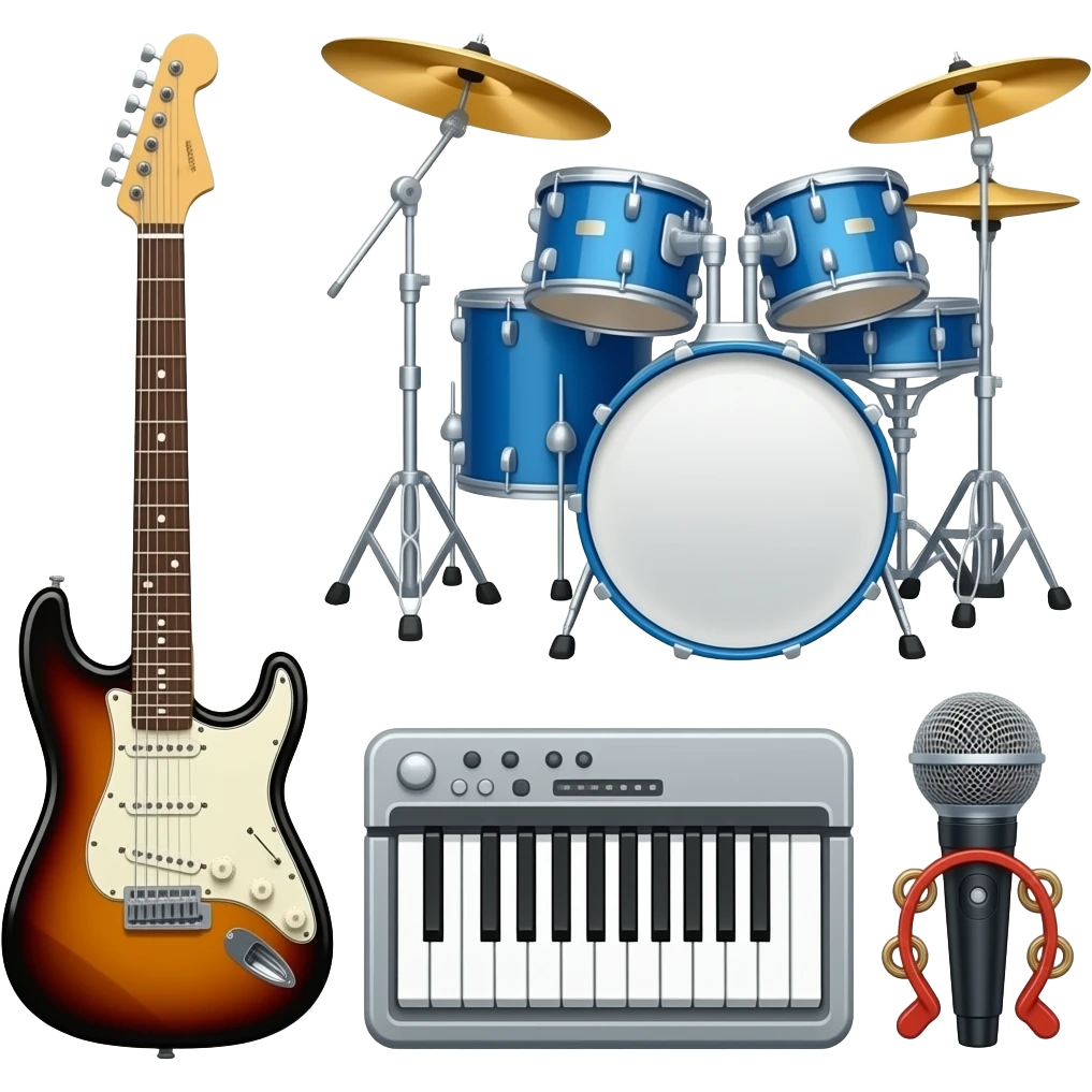 Guitar (electric), drums (drums in my cymbal), cymbal, keyboard, tambourine, and microphone emoji