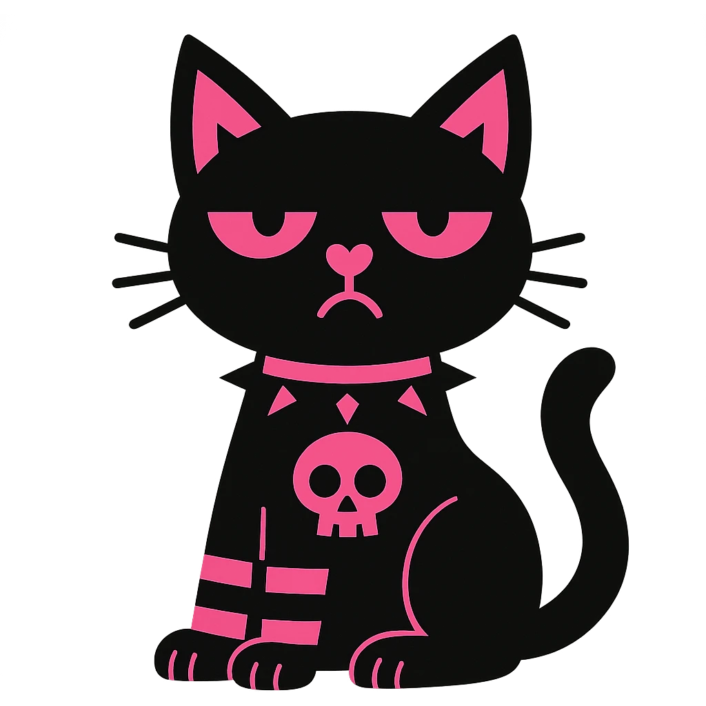 gothic cat with black and pink colors, striped stockings, heart-shaped nose, vibrant toon style emoji