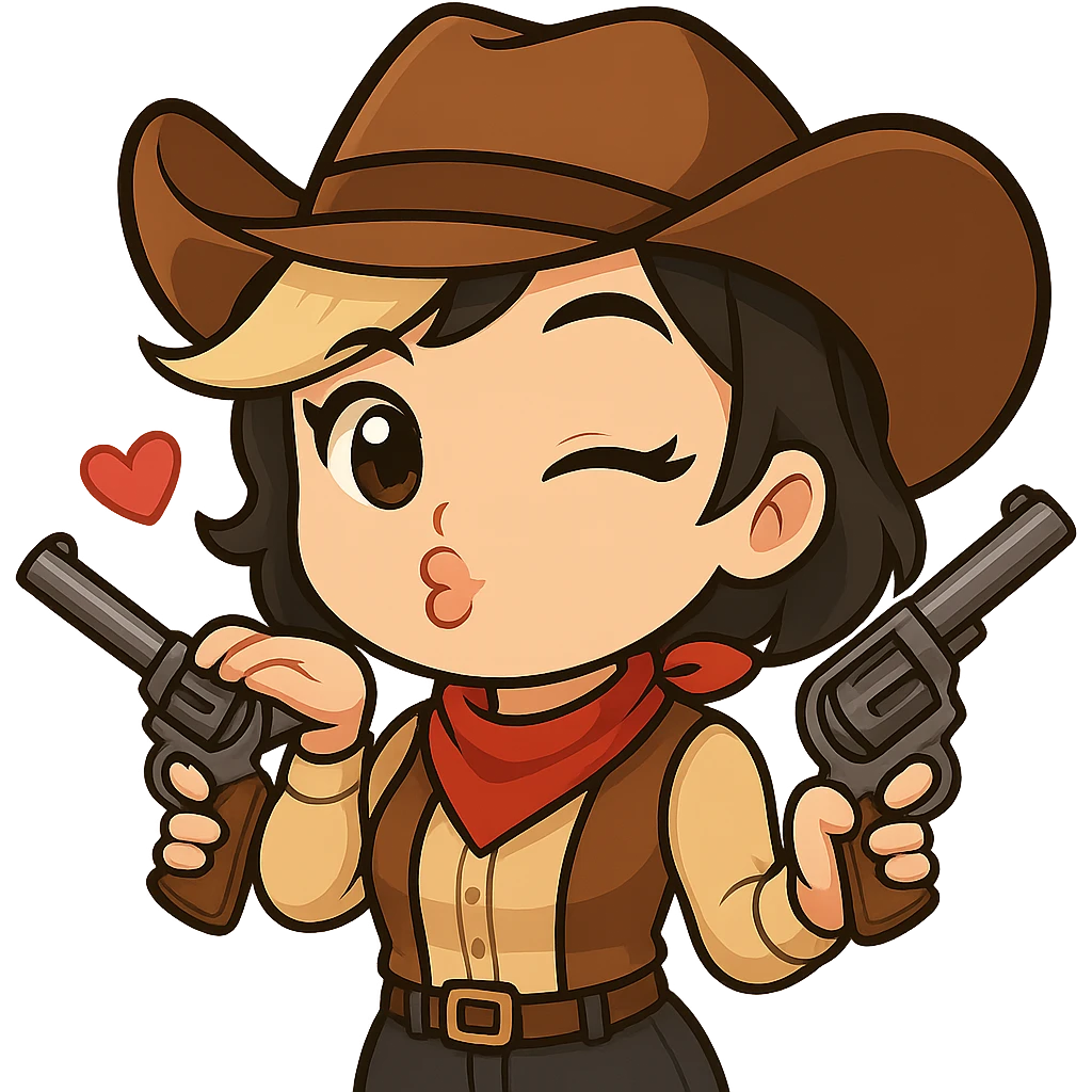 Edit the chibi cowgirl to have eyes matching the style of the new reference image: large, brown, and with a more classic anime shine. Keep the pose, winking and blowing a kiss expression, outfit, right gun, and all other details unchanged. Transparent background, sized for Twitch or Discord use. emoji