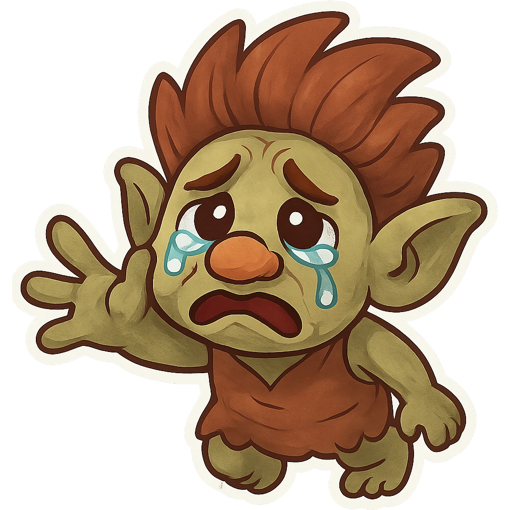 animated emoji of a troll reaching out for help, sad face, exaggerated features, fun and friendly emoji