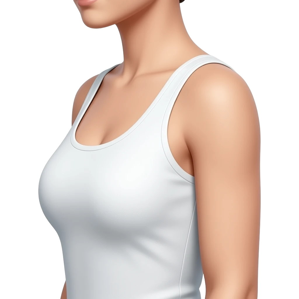 A minimalistic side profile of a woman’s upper body, focusing on her arm and elbow, smooth light skin tone with slight natural texture on the elbow, wearing a fitted white sleeveless top, soft studio lighting emoji