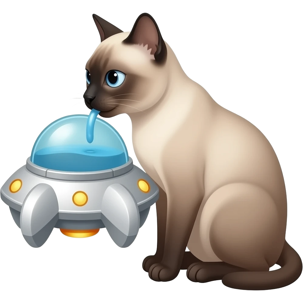 A Siamese cat drinking over Big vinyl like a spaceship emoji