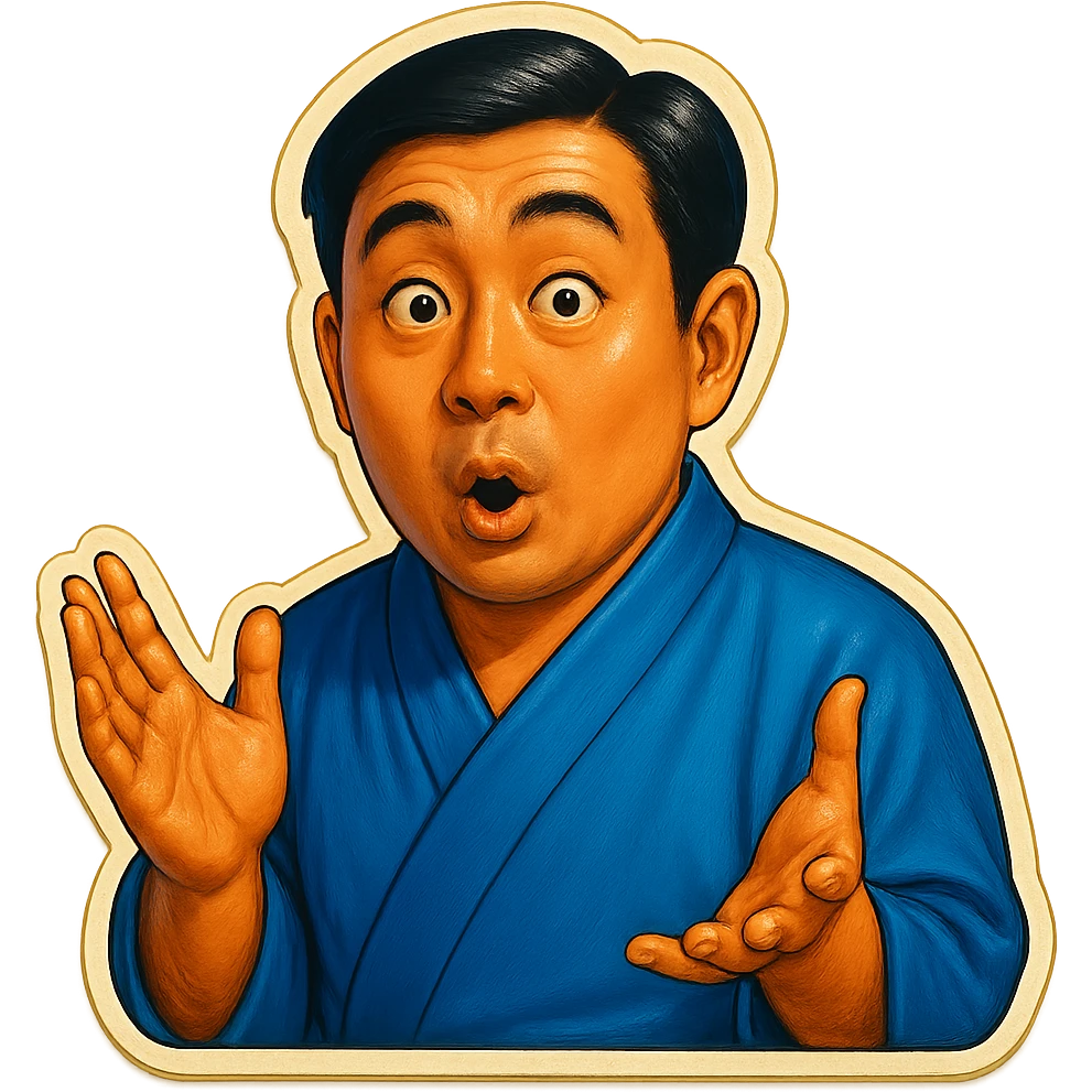 The same Japanese man in traditional kimono looks at the viewer with a surprised look, and his hands are empty emoji