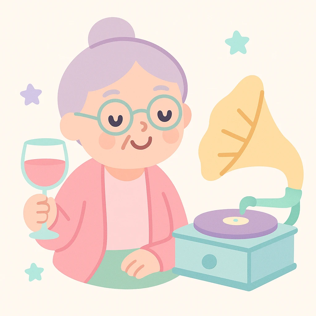 old lady with wineglass listening to gramophone emoji