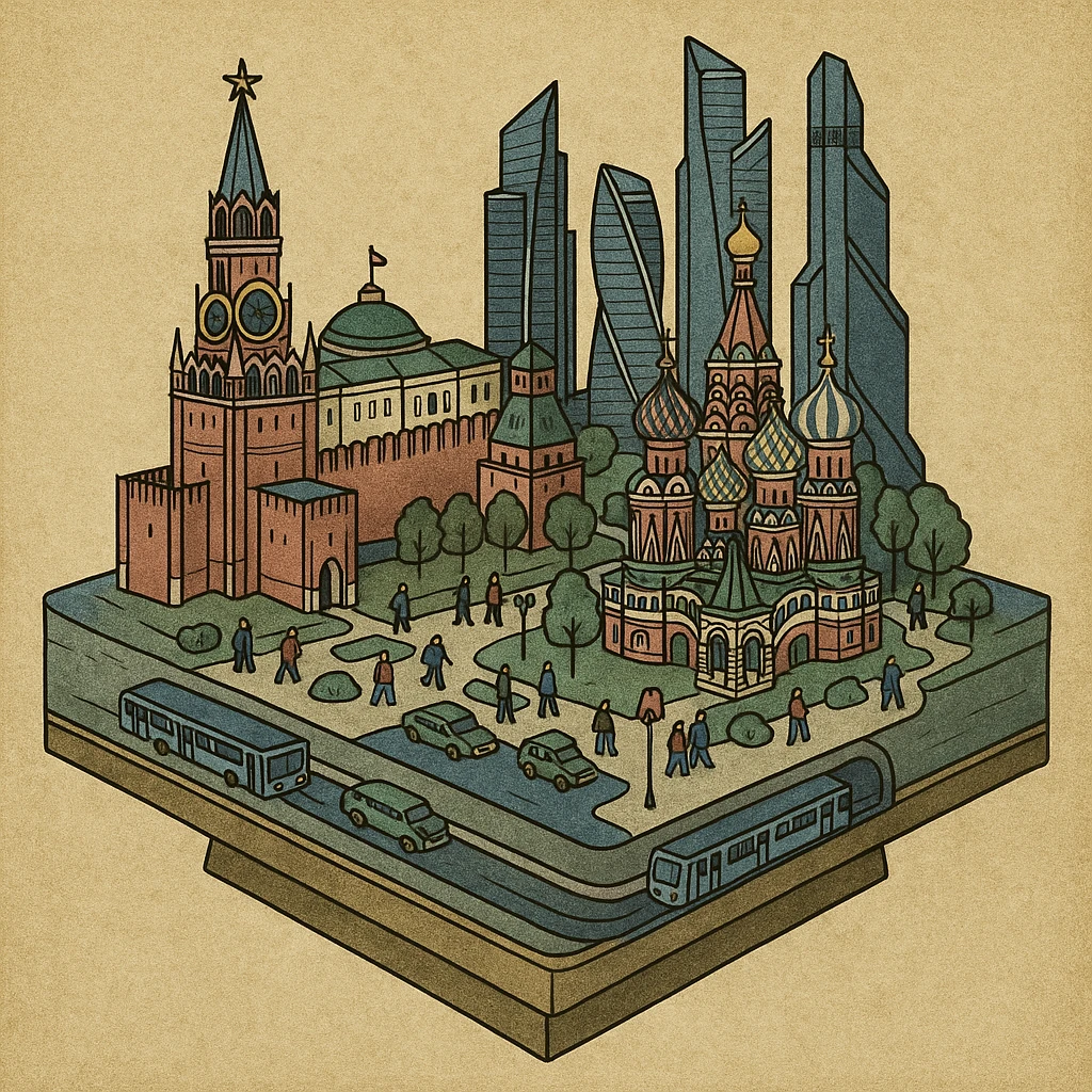 Изометричная миниатюрная 3D модель Москвы на подставке - фотореалистичный Кремль, собор Василия Блаженного, фотореалистичный Башни Москва-Сити, аккуратная детализация, яркие цвета, мультяшный реализм, гуляют люди и современный автотранспорт и метро, компактная композиция, вид сверху в изометрии emoji