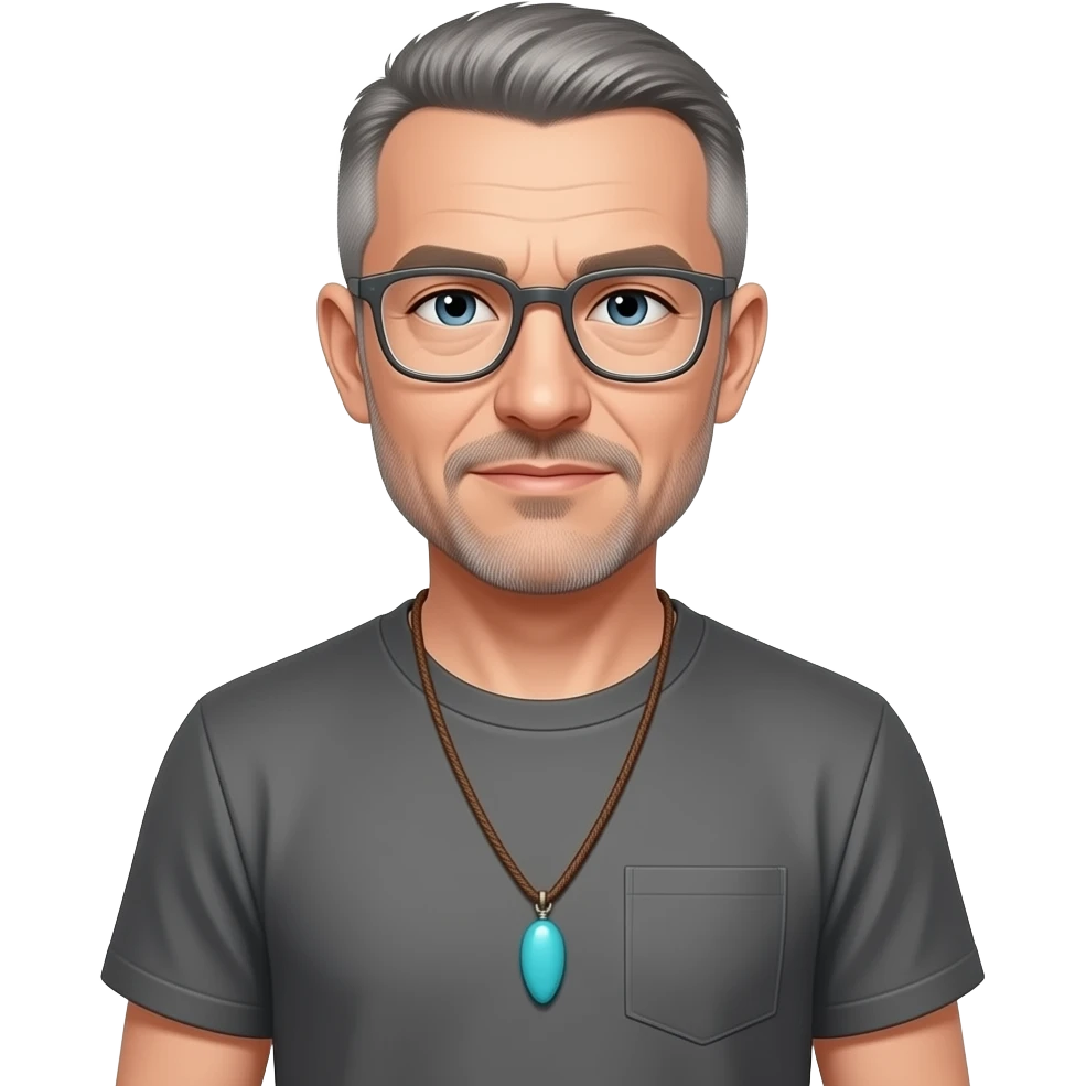 pointed chin pointed chin haved face pendant without a clasp Turquoise on brown paracord t shirt shaved grey short hair full-length photo of extreme streetwear clean-shaven face cool boy thin metal-framed glasses very entellectual man, 52 years old street wear stubble, shaved short with clippers emoji