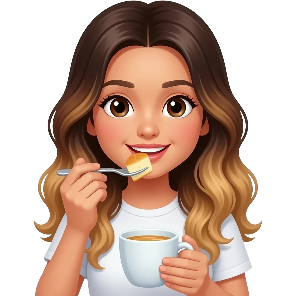 Beautiful Filipino girl beautiful eyes with long wavy hair balayage eating breakfast emoji
