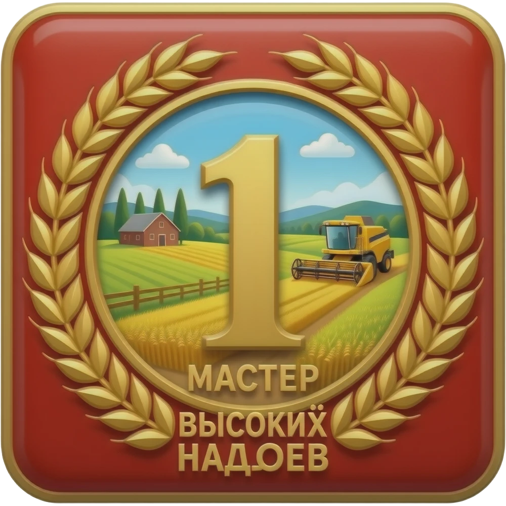 Top rectangular red enamel bar, central golden wheat. Gold ring: landscape with fields, barn, and detailed combine harvester. Foreground dominated by large red enamel framed golden '1' and dominant large Russian text: 'МАСТЕР ВЫСОКИХ НАДОЕВ'. emoji