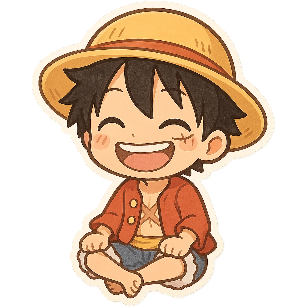 Luffy from One Piece, looking happy, cartoon chibi style emoji