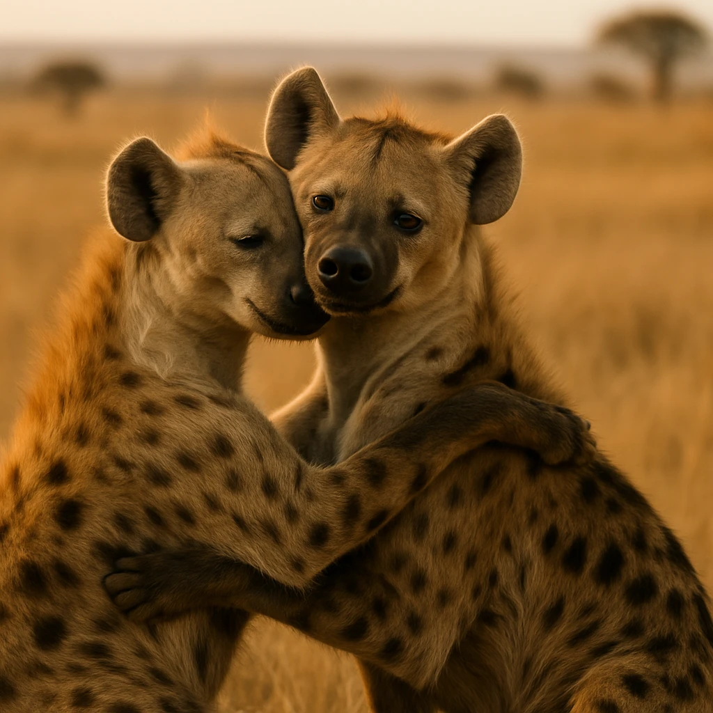 two hyenas hugging in a savanna, photorealistic, no cyberpunk emoji