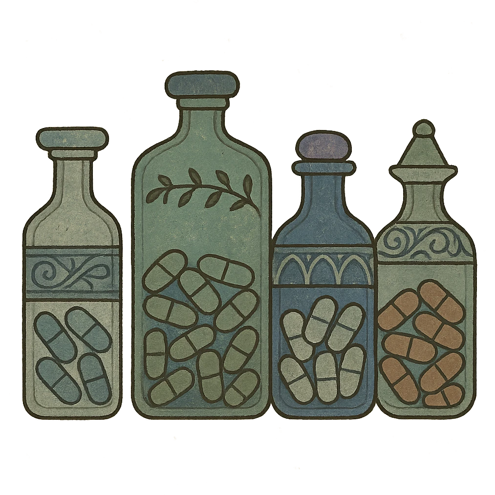 glass Bottles of medicine pills all of different colours emoji