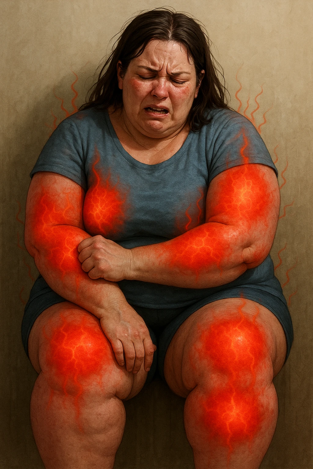 "Woman with lipedema experiencing constant burning and aching pain in disproportionately swollen legs and arms, pain radiating through enlarged fat deposits shown as red heat signatures, expression of chronic suffering and exhaustion, normal daily activities becoming torture due to inflammatory adipose tissue, pain levels fluctuating unpredictably throughout the day" scritte in italiano emoji