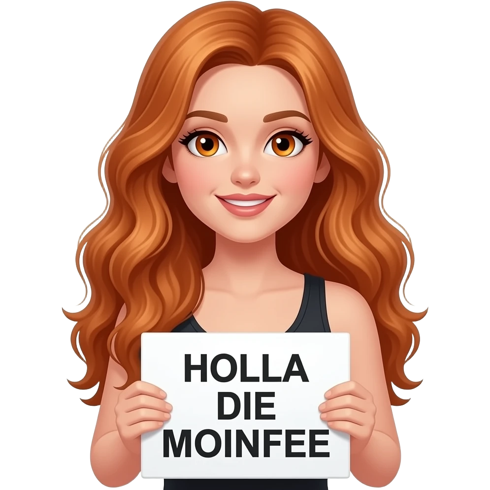 sexy girl with long wavy ginger hair and ginger eyes wearing a black tanktop is holding a white sign with HOLLA DIE MOINFEE written on it emoji