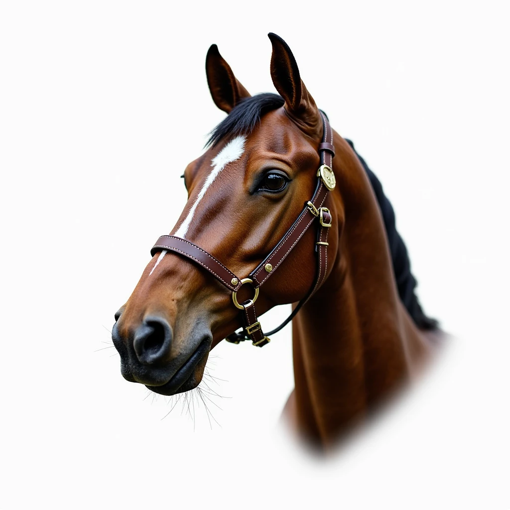 Hermès-style horse head with detailed leather harness and gold accents, photorealistic, white background emoji