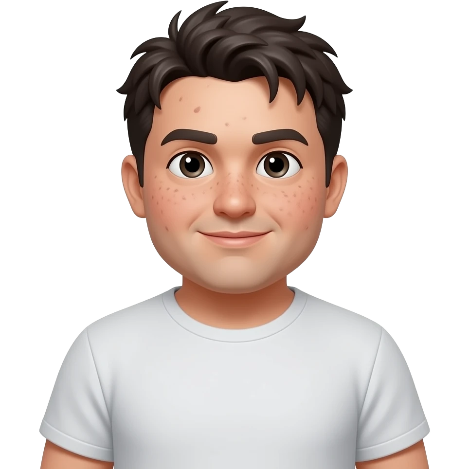 a real human. no idealized bodies, just a human, with acne, messy hair, wearing  a plain t shirt, a little chubby, asymmetrical face emoji