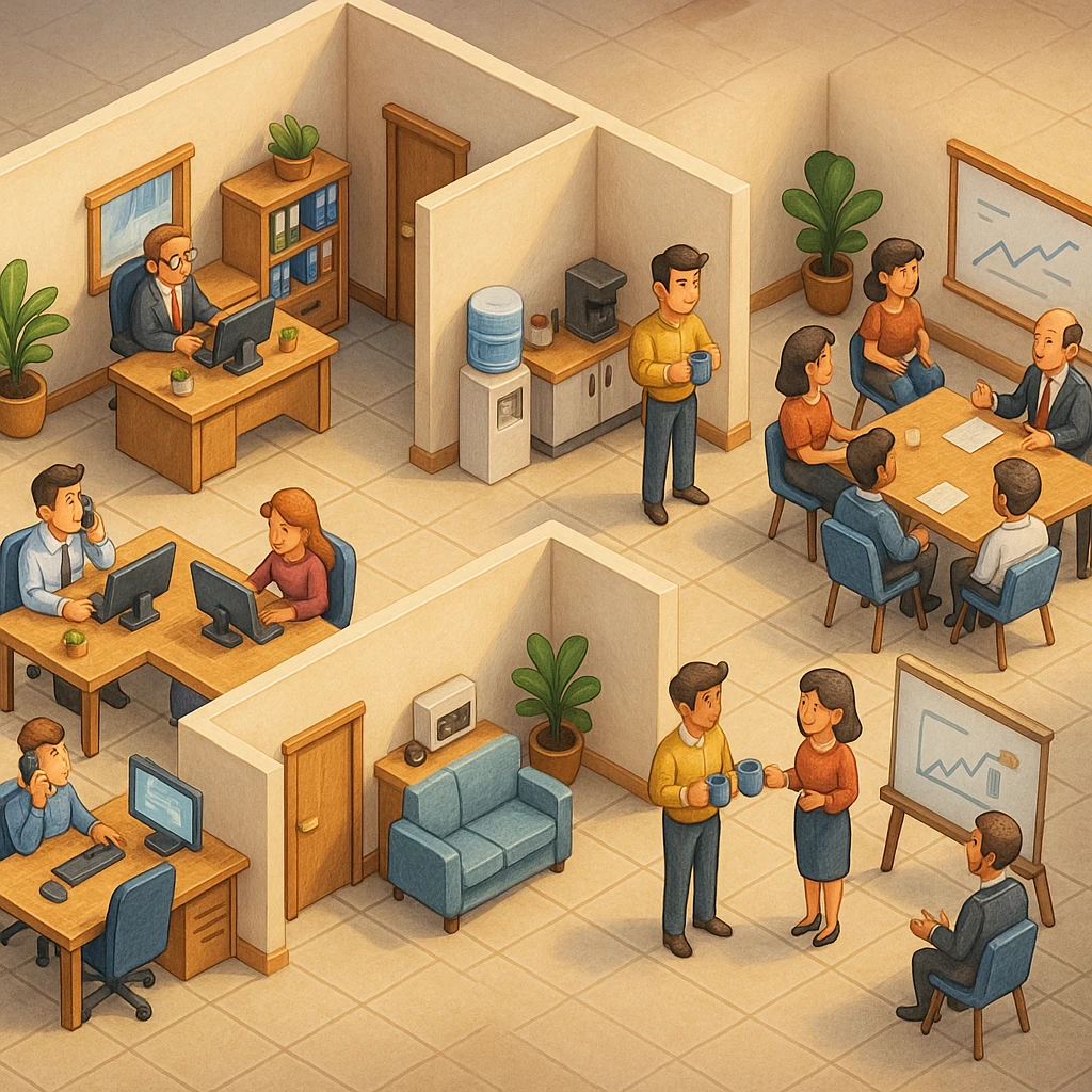 В слегка рисованном, но при этом ярком и объемном стиле - четкую, изометрическую 3D-сцену в мультяшном стиле с видом сверху под углом 45°, изображающую офис кабинетами, open space и другими характерными местами. В офисе работают люди - кто-то говорит по телефону, работает за компьютером, другие пьют кофе, сидят на общем собрании, переговори. Используйте мягкие, изысканные текстуры с реалистичными PBR-материалами и мягким, реалистичным освещением и тенями, не обрезать картинку краями кадра emoji