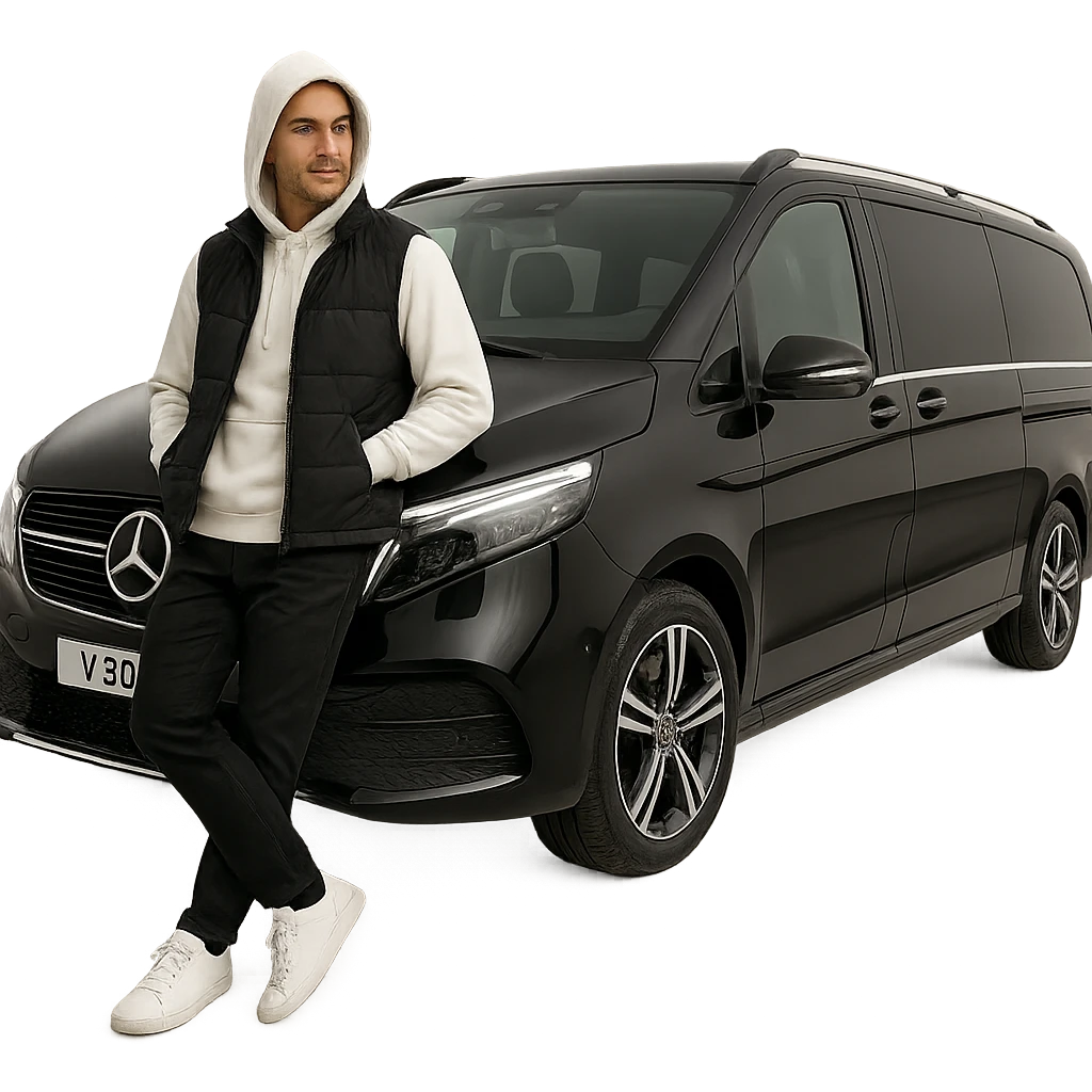 A stylish male character wearing white sneakers, black pants, a clean white hoodie with a black vest (no logos), hood up, standing casually and leaning on a black 2024 Mercedes-Benz V-Class Extra Long 300 d. No background, isolated subject, clean studio lighting, full-body view, high detail, ultra realistic, no text, transparent or white background. emoji