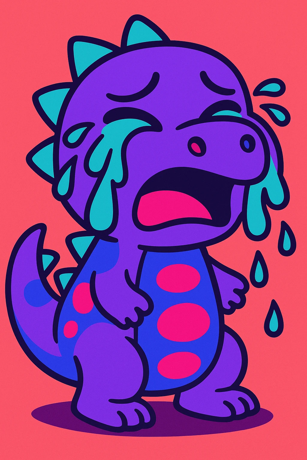 cartoon dinosaur crying, multicolor purple cyan hot pink, tears dripping down, vibrant, cute emoji