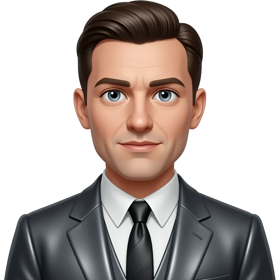 Nathan Leopold Jr from Leopold and Loeb with gray eyes, dark brown hair, white metallic shirt, dark gray metallic suit jacket, black metallic tie emoji