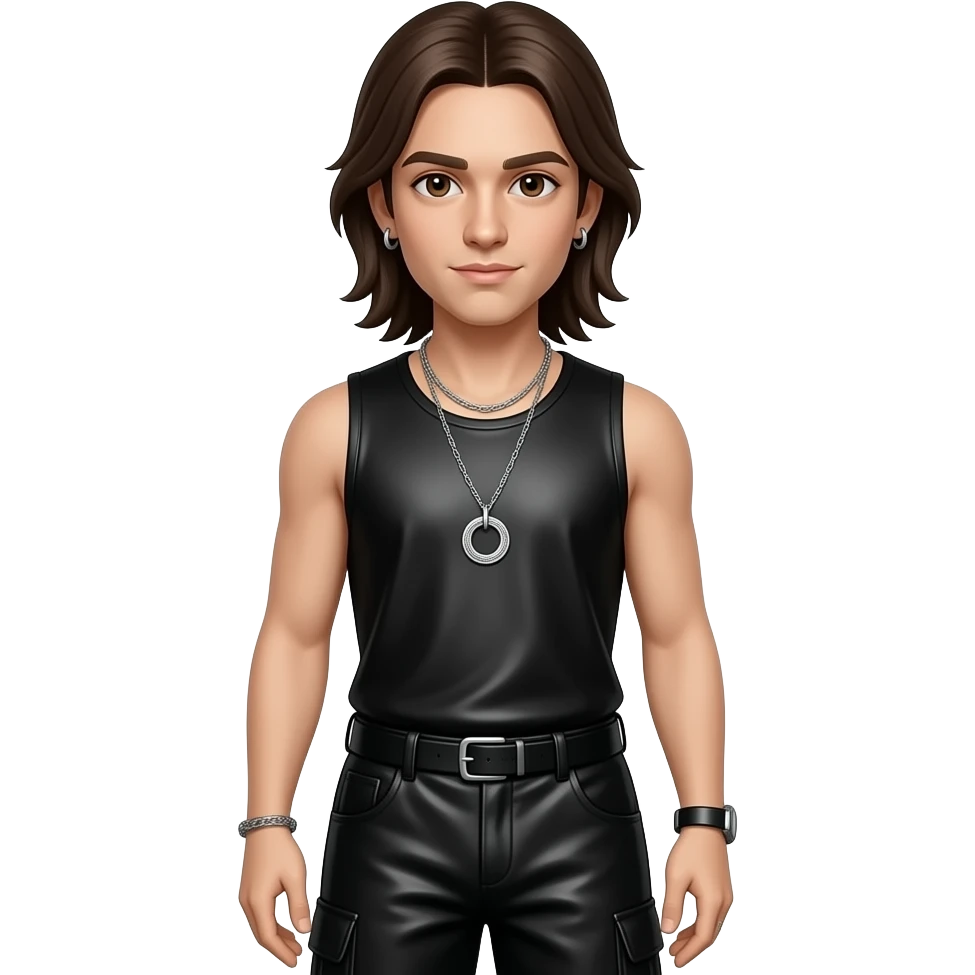 Tom Kaulitz with brown eyes, long dark brown hair, black metallic sleeveless shirt, black metallic baggy pants, silver necklace and earrings emoji