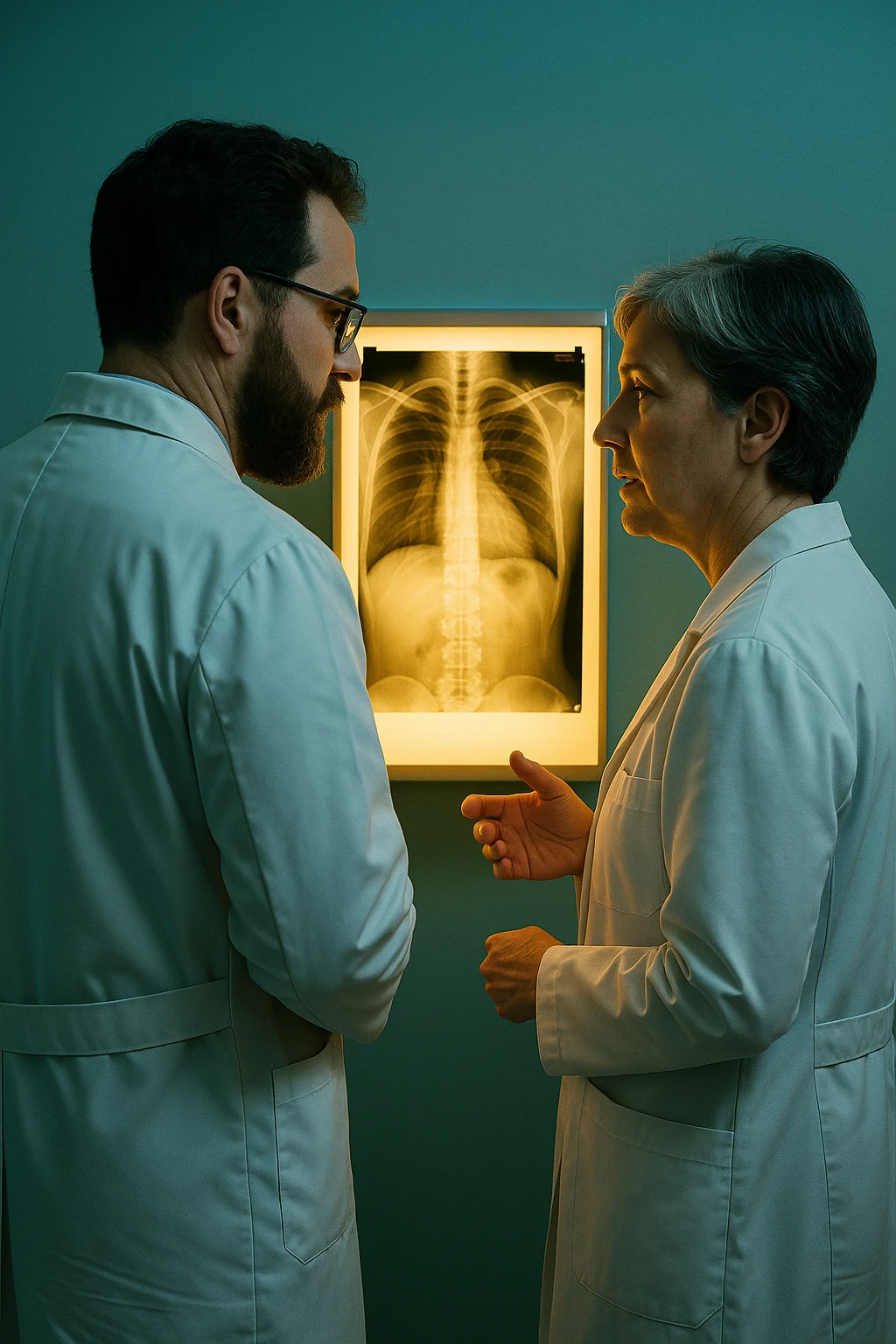Realistic, detailed photo taken from behind of two doctors—a bearded man and a middle-aged woman—standing and facing each other as they discuss a diagnosis in front of a medical chart. The scene is illuminated by a yellowish, orange, warm light that softly envelops the doctors. The entire room is bathed in a single green-blue color, creating a cohesive and modern atmosphere. Both doctors wear white coats, and their body language suggests a serious, professional conversation. Shot with a Canon EOS R5, with high detail and natural depth of field. emoji