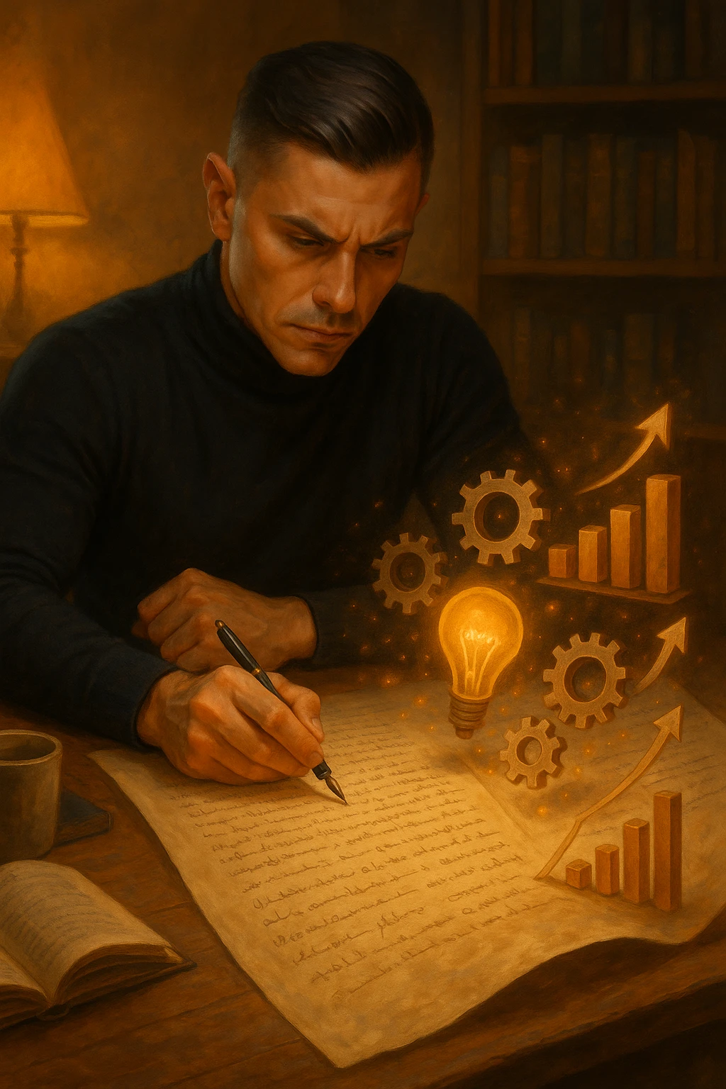 Un uomo concentrato, seduto alla sua scrivania in una stanza con luce calda, sta scrivendo su un enorme foglio di carta che si espande magicamente davanti a lui. Mentre scrive, le parole si trasformano in elementi visivi tridimensionali che rappresentano le soluzioni ai suoi problemi in italiano emoji