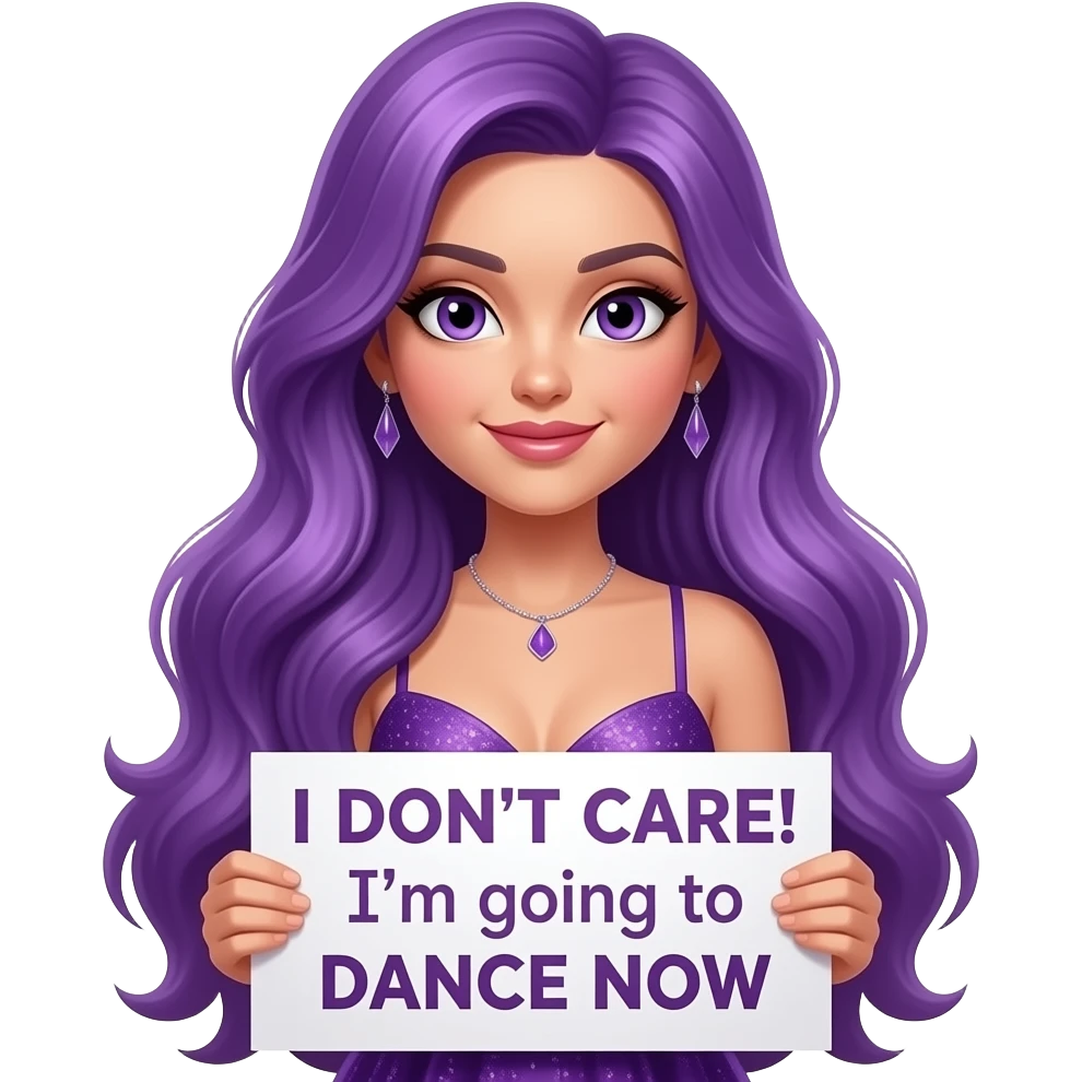 sexy girl with long purple hair and purple eyes wearing a sexy dress holding a I DON'T CARE! I'm going to DANCE NOW sign emoji