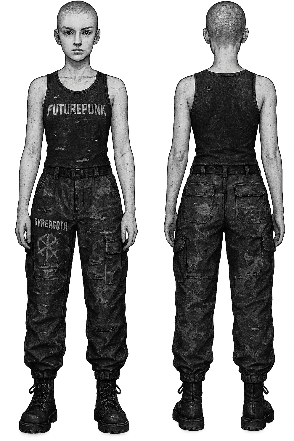 1 female outfit design for a VTUBER OC. The style is mixed 90's grunge, punk, lots of black and white in the color scheme, futuristic aesthetic. Clothing has small rips and tears from wear, logos and designs are faded. Garage, Shoegaze, postmodern style. character design concept art outfit for a female. [[FUTUREPUNK CYBERGOTH]] front on view, not 3/4 angle or any angle, perfect front, front and back view of each design, black and white patched gorka-style cargo lower, black graphic tanktop upper, buzz cut emoji