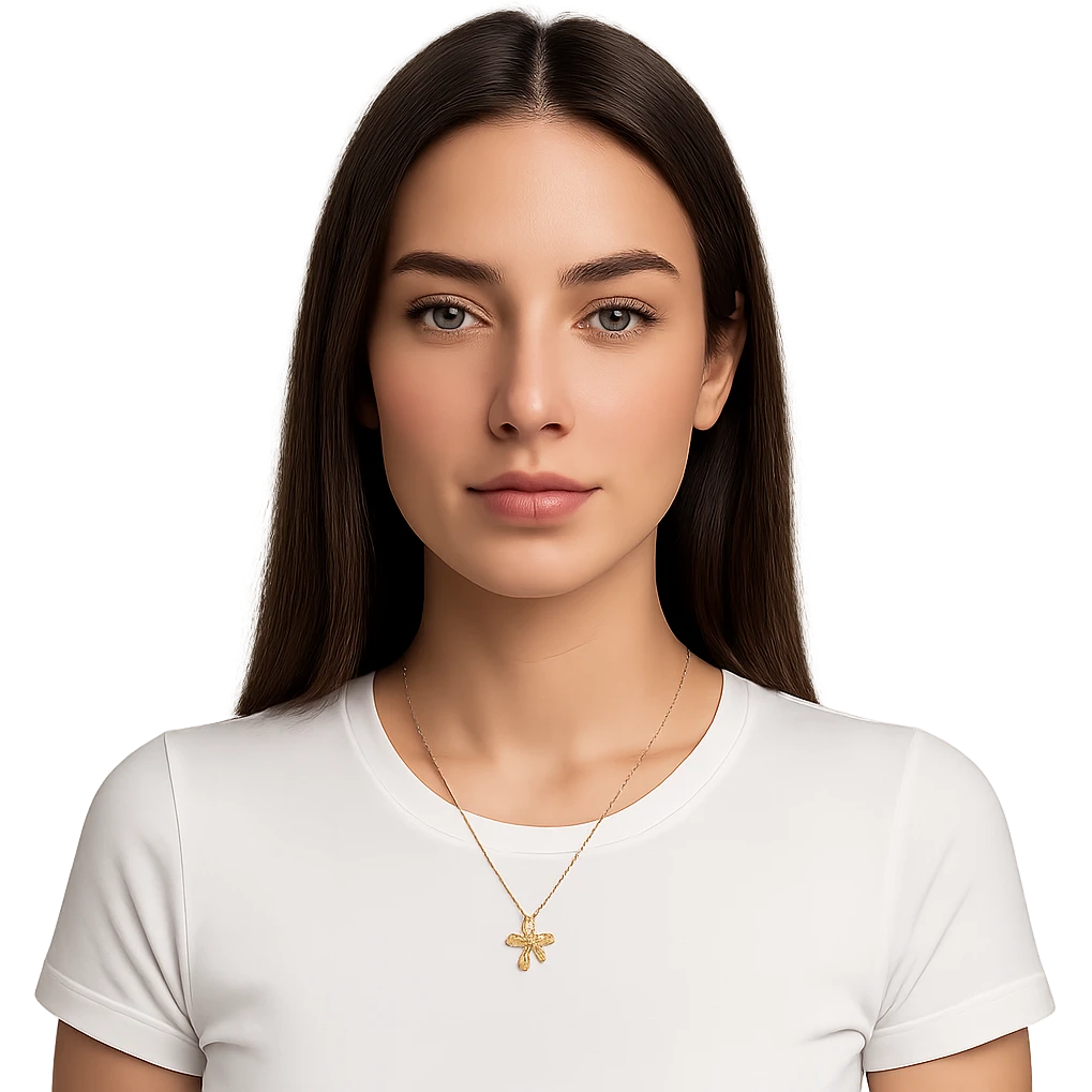 a composed woman with long straight dark brown hair parted in the center, smooth light skin, almond-shaped eyes with natural makeup, full pink lips, white fitted tee, gold four-leaf clover necklace, soft neutral gaze emoji