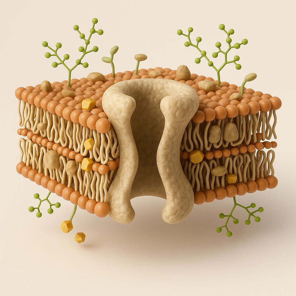 3D cross-section of a biomembrane with a prominent channel protein, showing double phospholipid bilayer, embedded proteins, cholesterol, carbohydrate chains, and a large detailed channel protein spanning the membrane, educational and realistic style, scientific illustration emoji