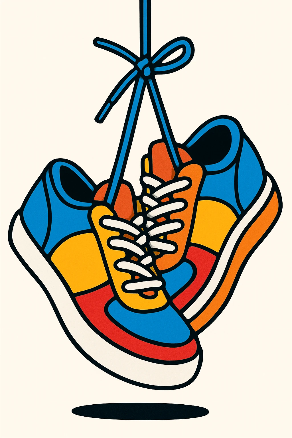playful cartoon style sneakers hanging on laces, colorful, white background emoji