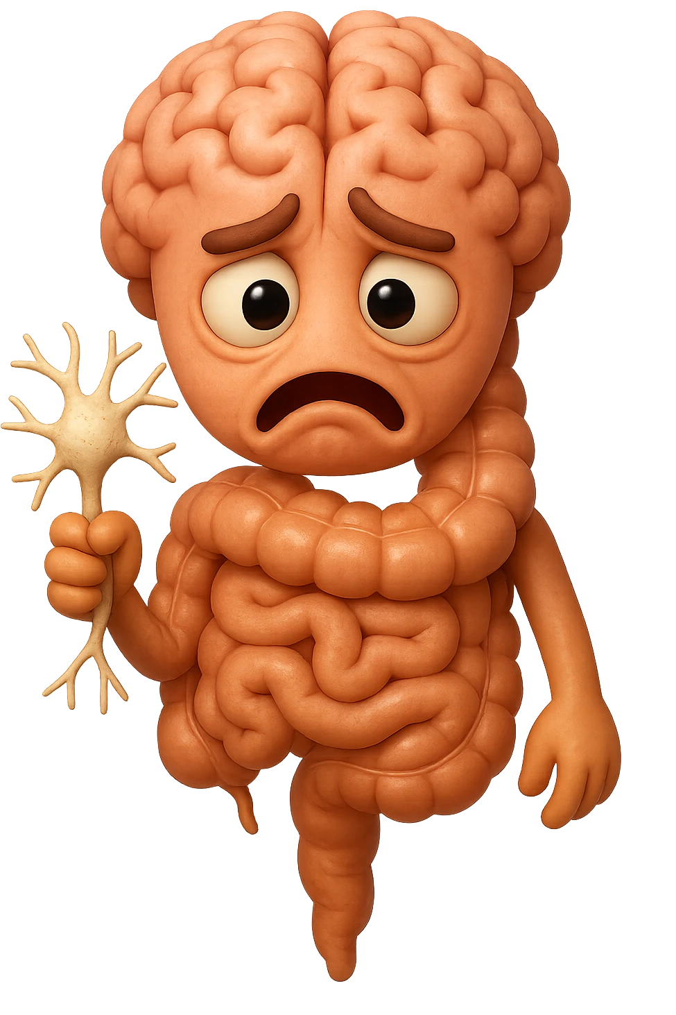 EMOJI STILE IPHONE DI UN INTESTINO collegato verticalmente ad un cervello mentre tiene in mano un neurone, espressione stressata, IPERREALISTICO 4K emoji
