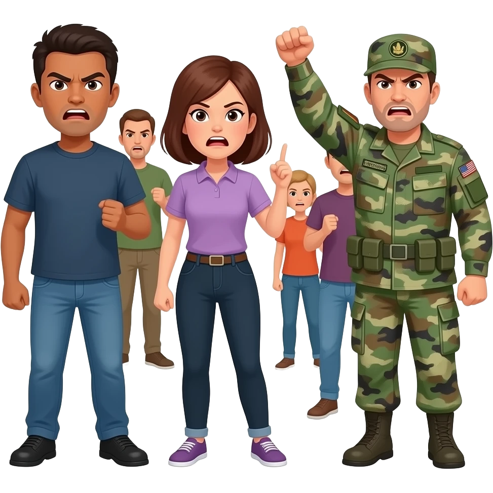 oposicion de poblacion de personas normales y militares con cara de enfadados pero los militares protestan con ellos emoji
