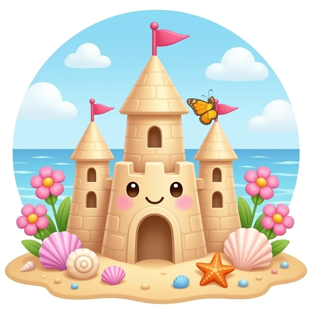 Cute pastel sandcastle on a beach, decorated with seashells, starfish, pink flowers, and a butterfly, whimsical fantasy style emoji