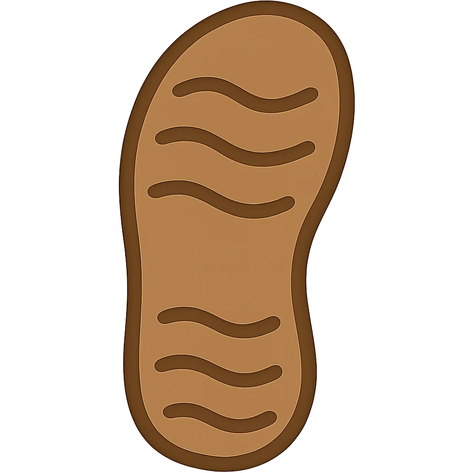 Create an Apple emoji style sandal sole with minimal detail, matching the angle of the reference image, viewed from the bottom, with a slightly darker color tone. The style should replicate the clean, simple, and colorful look of Apple emojis. emoji