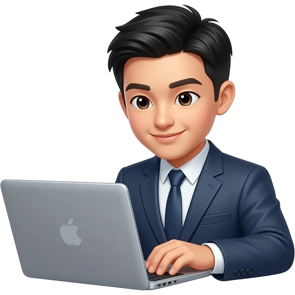 asian teenager behind a laptop typing up, wearing a suit, camera angle is in the front emoji