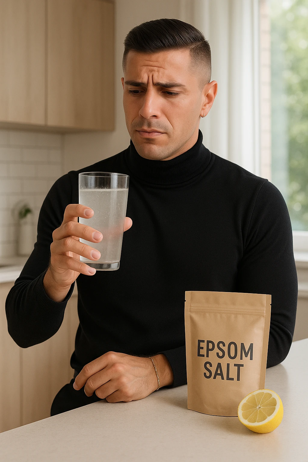 A realistic, bright photo-style image of a young man in his 30s standing in his kitchen, holding a clear glass filled with water in which Epsom salt (magnesium sulfate) has been dissolved. He looks focused but slightly uncertain as he prepares to drink it for a liver flush or digestive cleanse. The glass shows slight cloudiness from the dissolved salt. On the counter are a packet labeled 'Epsom Salt' and a sliced lemon, suggesting he might use it to mask the taste. The setting is clean, natural, and bright with neutral tones. The background shows sunlight streaming through a window, emphasizing a clean, minimalist health-focused environment. The mood conveys a realistic, calm moment of self-care with a hint of discomfort, illustrating a natural detox practice emoji