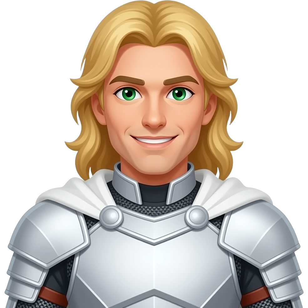 A white man with long hair the colour of beaten gold put in a middle part. He is wearing white armour with a white cape. He is clean shaven and has a smile that cuts like a knife. He also has emerald green eyes. emoji