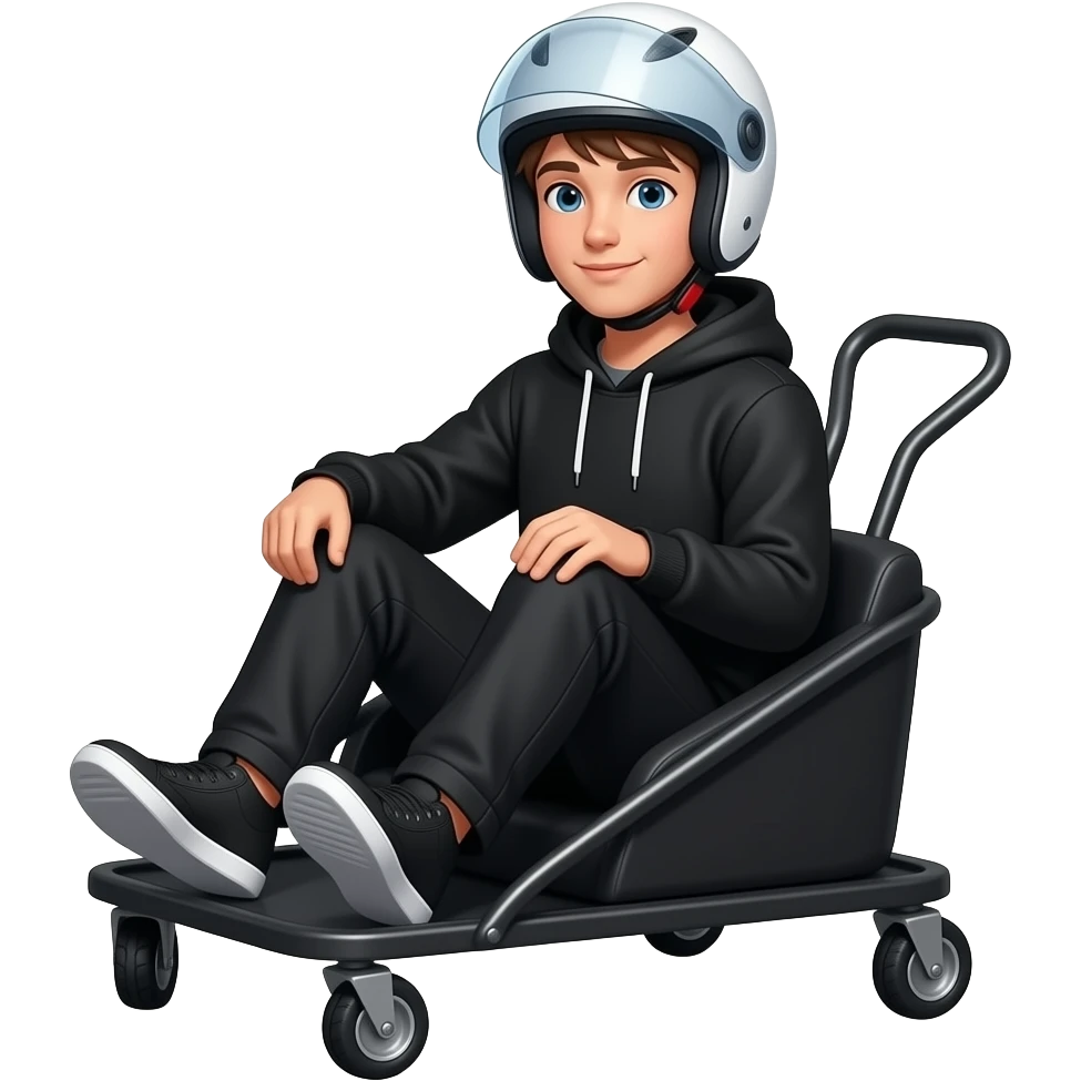 young man with black pants and a black hoodie wearing a white motorcycle helmet is sitting in a black cart emoji