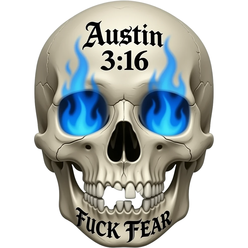 Forward facing human skull, skull pieces missing, FUCK FEAR carved on jaw, same gothic font, slightly open, teeth slightly chipped, Austin 3:16 stacked, carved in forehead, eye & nose cavity with intense blue flames, words in a BLACK GOTHIC FONT, entire skull is aged, sun dried, weathered emoji