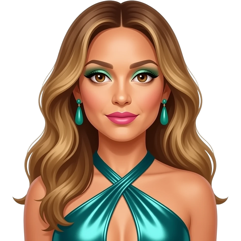 Jennifer Lopez with brown eyes, long golden brown hair, sea green eyeshadow, hot pink lipstick, sea green metallic halter dress, green earrings emoji