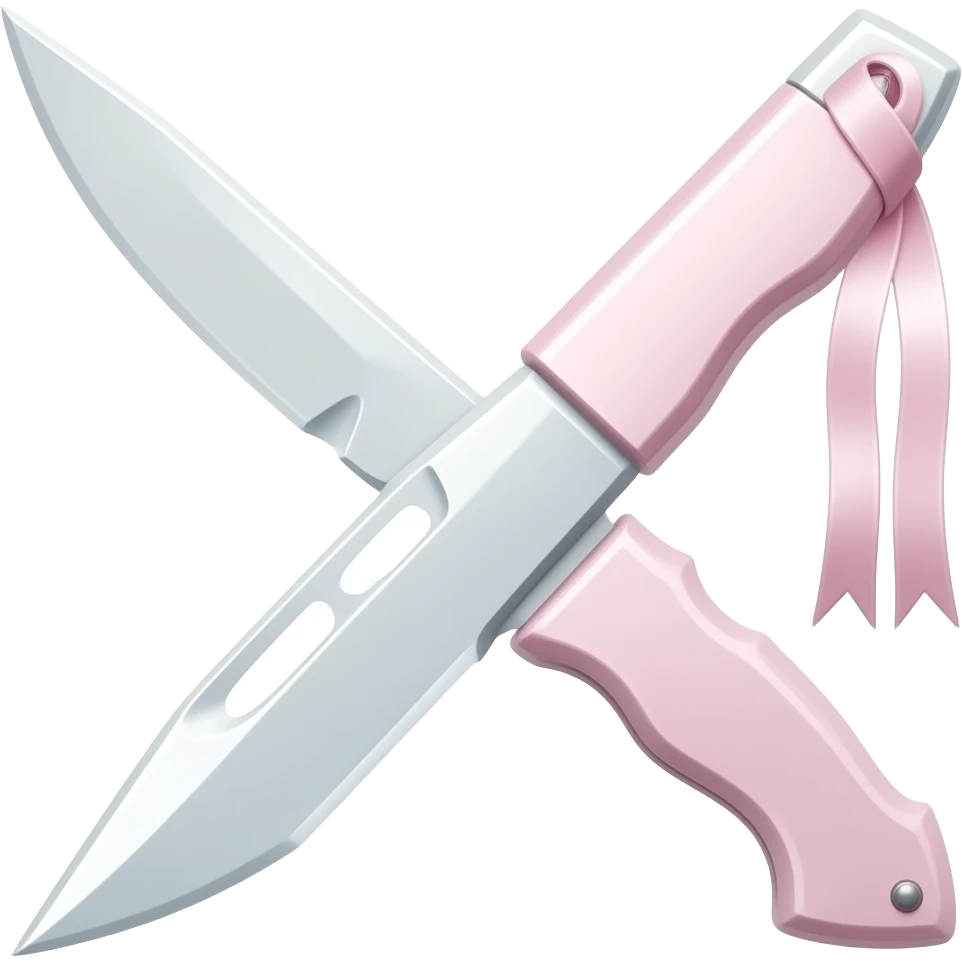 Pastel pink and pastel white dainty neat cute thin slim lanky long sharp edgy pocket Bowie knife with a tiny ribbon emoji