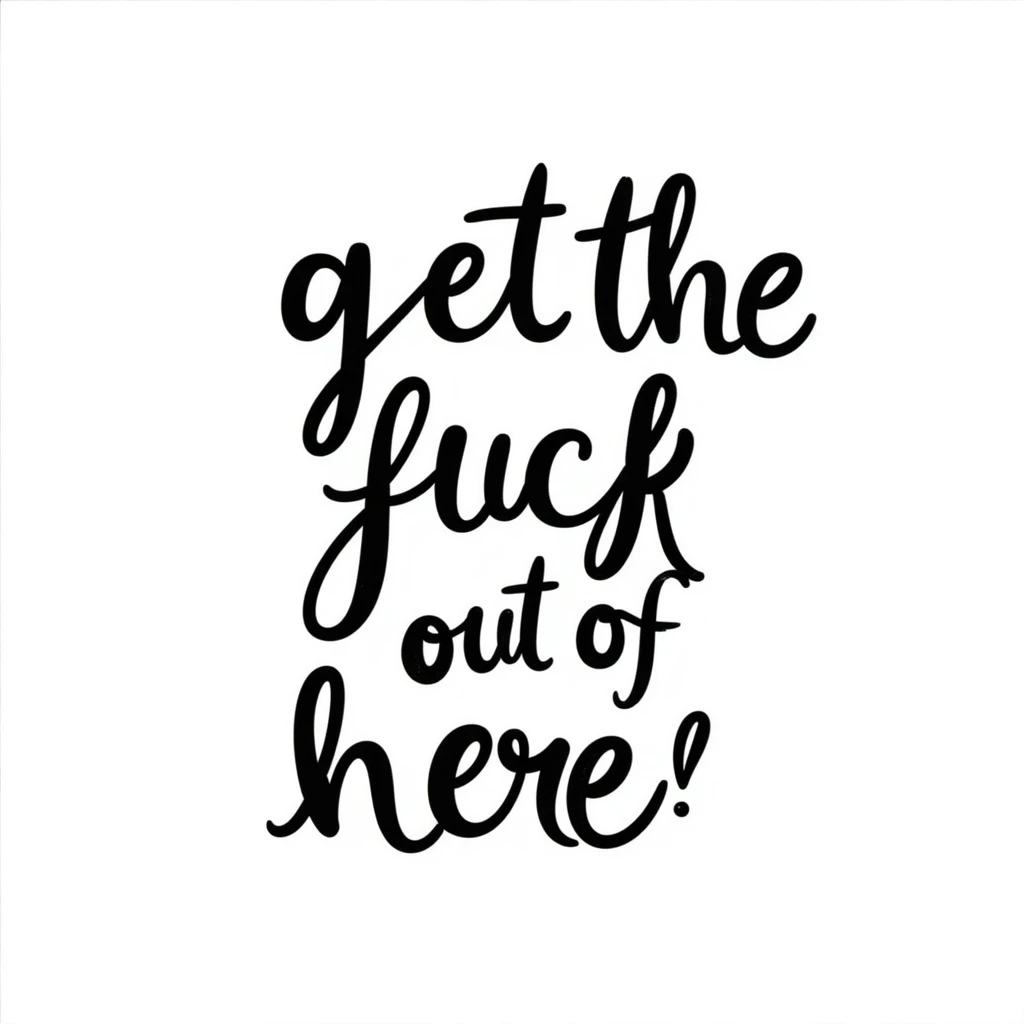 the phrase 'get the fuck out of here' in bold, expressive hand-drawn lettering, energetic rebellious vibe, plain background, no offensive imagery emoji