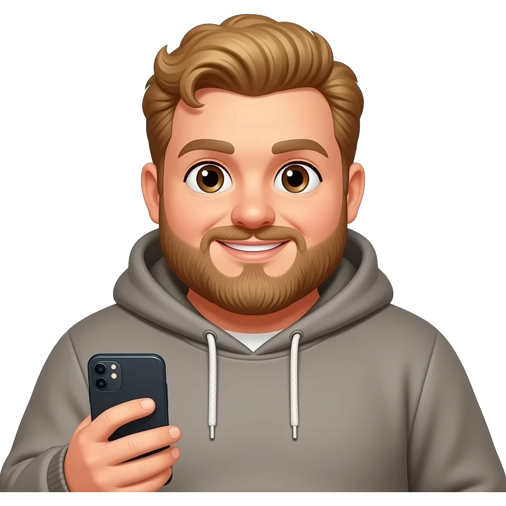 Chubby man light skin blond curly hair and beard brown eyes wearing a hoodie iPhone emoji emoji