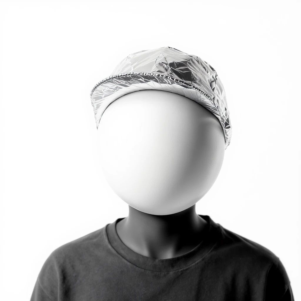 A black and white sphere with a head shape, wearing a small foil hat emoji