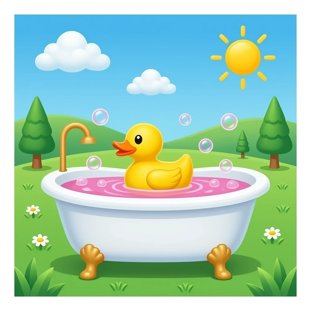 Bath tub with a rubber duck on the pink bubble water emoji emoji