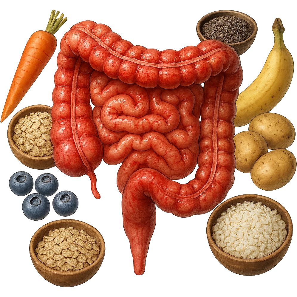intestino umano anatomico infiammato con carota, bowl di avena, mirtilli, bowl di semi di chia, patate, banane, zucca, bowl di riso che gli fluttuano dietro, iperrealistico 4k emoji