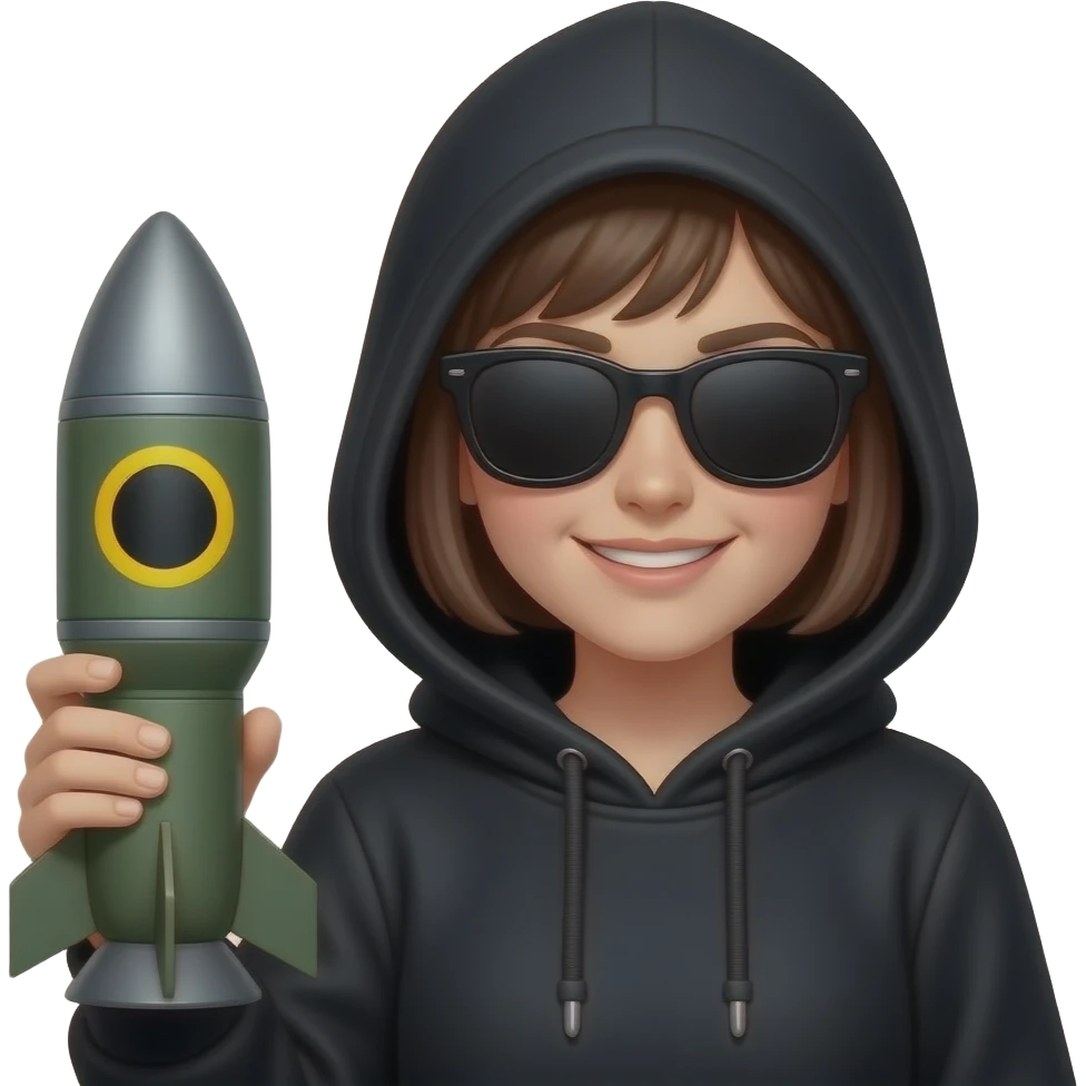 A girl wearing a Black hoodie with entire face is hidden in shadow. She’s wearing blacK sunglasses a smirk on her face holding a nuke in one hand emoji